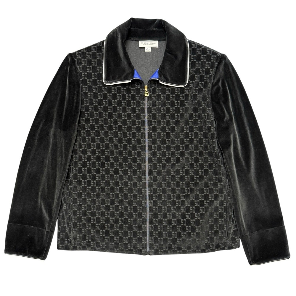 ST JOHN SPORT‎ by Marie Gray Velour Track Jacket Logo Print Zip Front Women's M